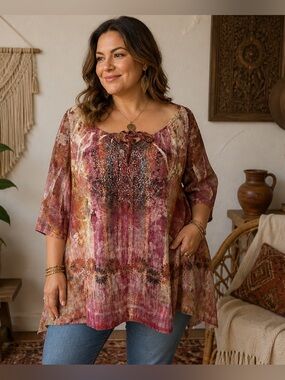 Catherines 2X  Boho Blouse Pink Orange Sheer Overlay Plus Size Fairy Artsy